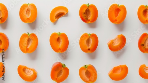 Persimmon halves and slices arranged elegantly, showcasing vibrant orange flesh and glossy skin. Isolated on a white background, minimalistic style photo