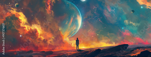 A lonely figure standing on an alien landscape, gazing at a vibrant and surreal cosmic scene with colorful planet and swirling galaxy, 2d digital painting illustration.
 photo