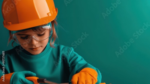 A teacher guiding students in using construction tools for a project, captured in a background illustration stock photo style, using the golden ratio with copy space, accent colors  photo