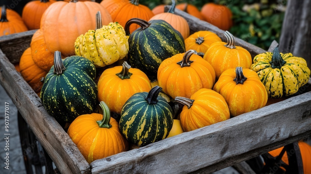 A rustic wooden cart filled with pumpkins, squash, and gourds A rustic wooden cart filled with pumpkins, squash, and gourds
