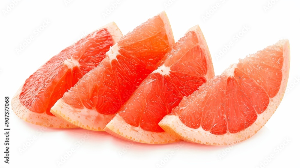 Sliced grapefruit pieces fanned out elegantly, with detailed texture of the pulp and rind. A clean, bright white background highlights the fruit's freshness Sliced grapefruit pieces fanned out elegantly, with detailed texture of the pulp and rind. A clean, bright white background highlights the fruit's freshness