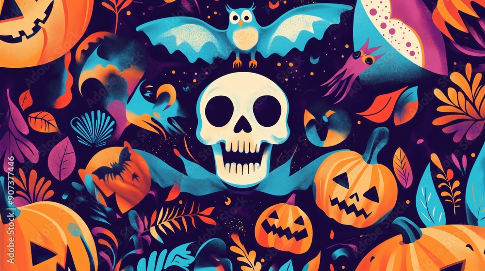 Halloween seamless pattern with pumpkins, a skull and an owl sitting on a bat on a dark background with colorful leaves Halloween seamless pattern with pumpkins, a skull and an owl sitting on a bat on a dark background with colorful leaves