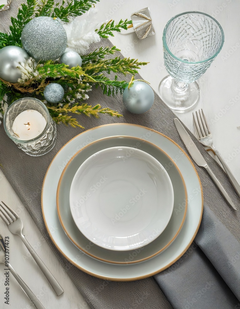 Prepare for a festive christmas feast with a stunning table setting of white plates and silver accents Prepare for a festive christmas feast with a stunning table setting of white plates and silver accents