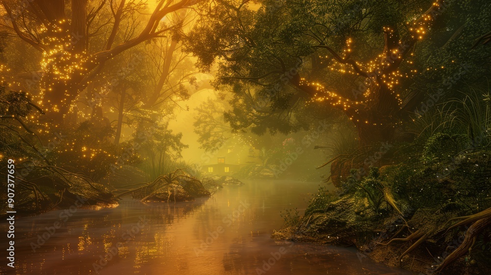mystical riverbank, enveloped in a magical, glowing mist mystical riverbank, enveloped in a magical, glowing mist