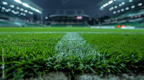 Close-Up View of the Lush Grass on a Nighttime Sports Field Preparing for Action. Generative AI