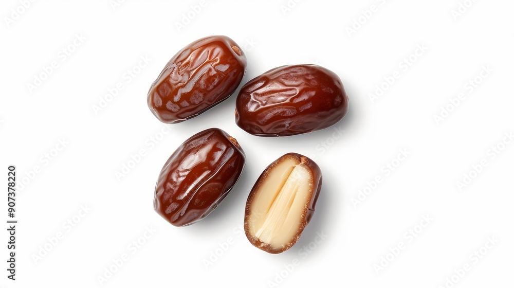 Whole dates alongside halved ones, displaying the contrast between the smooth skin and the rich, caramel-like interior on a clean white background Whole dates alongside halved ones, displaying the contrast between the smooth skin and the rich, caramel-like interior on a clean white background