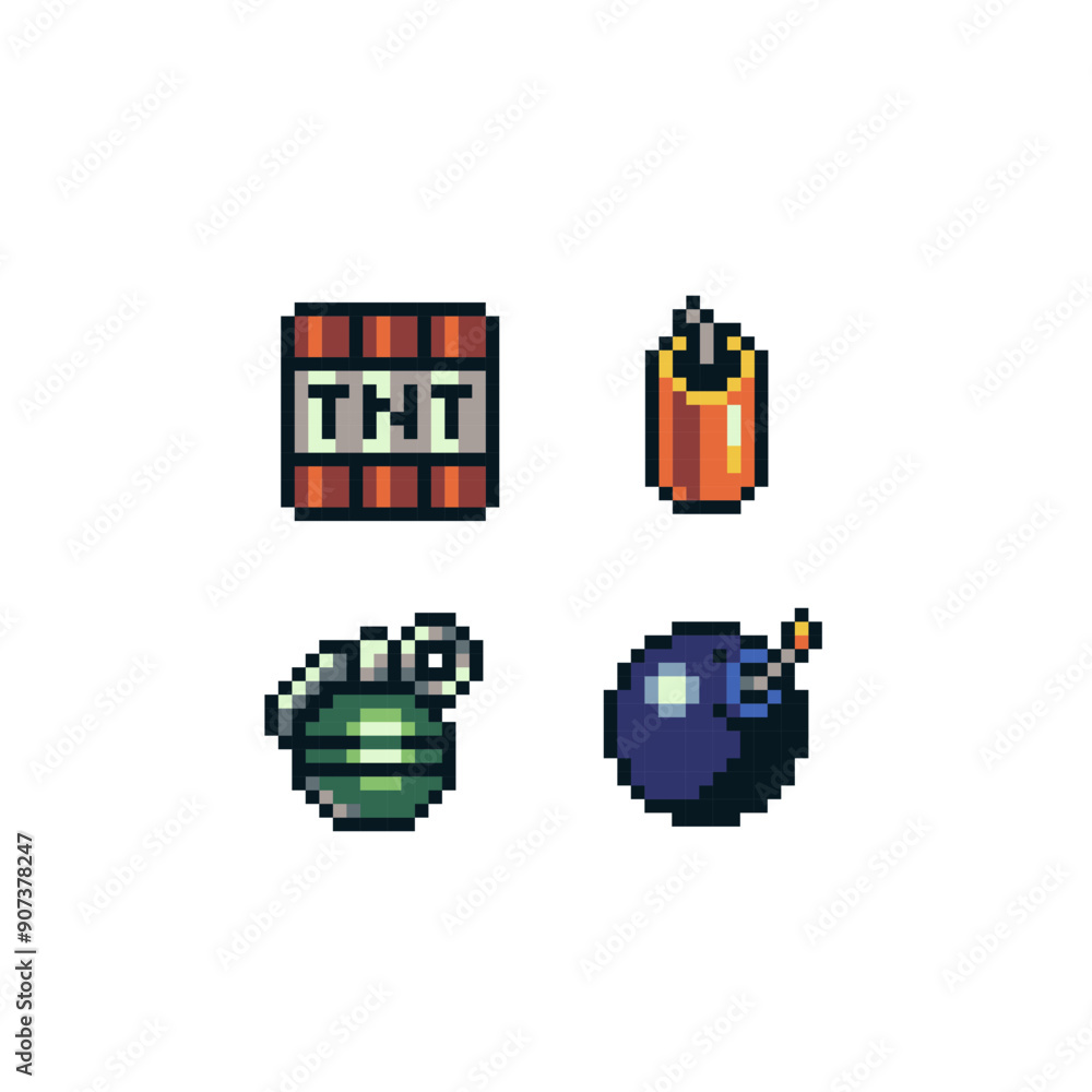TNT pixel art style icons set, bomb and explosive, bullets, red dynamite and grenade isolated vector illustration. Design for sticker, mobile app and logo. Game assets. TNT pixel art style icons set, bomb and explosive, bullets, red dynamite and grenade isolated vector illustration. Design for sticker, mobile app and logo. Game assets.