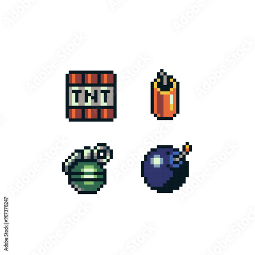 TNT pixel art style icons set, bomb and explosive, bullets, red dynamite and grenade isolated vector illustration. Design for sticker, mobile app and logo. Game assets.