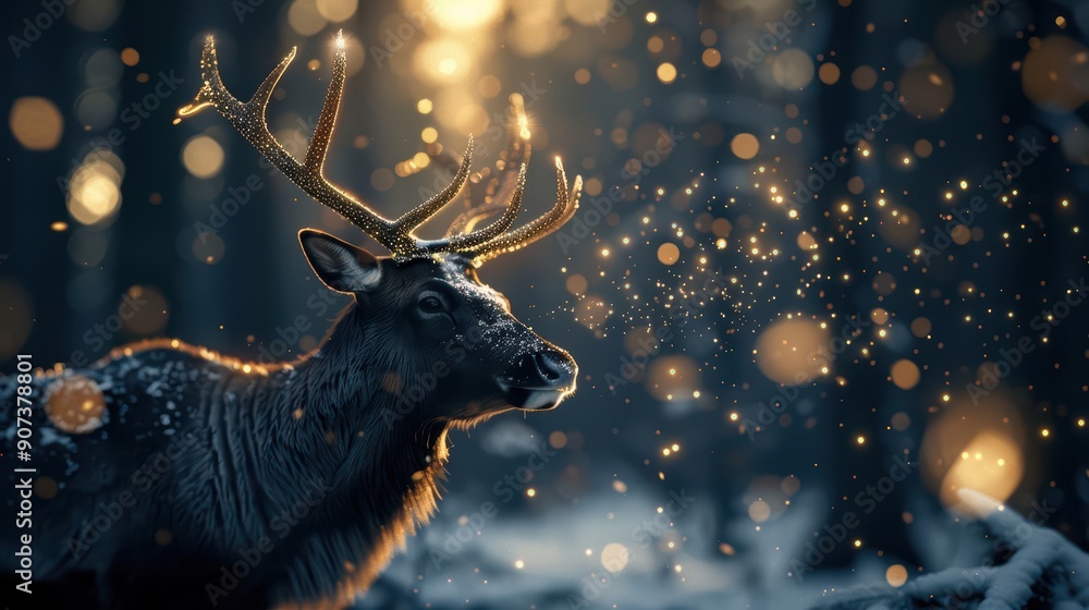 An ultramodern, supernatural scene, reindeer with glowing antlers dash through a snowy landscape An ultramodern, supernatural scene, reindeer with glowing antlers dash through a snowy landscape