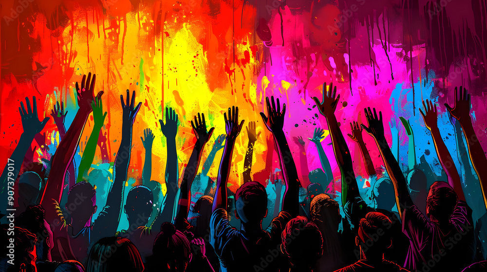 Crowd of People Raising Hands in Colorful Splashes Crowd of People Raising Hands in Colorful Splashes