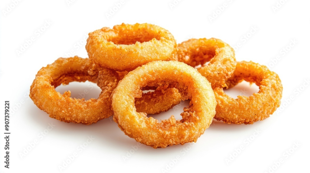 Crispy and golden fried onion rings isolated on a white background, top view, showcasing their crunchiness. Crispy and golden fried onion rings isolated on a white background, top view, showcasing their crunchiness.