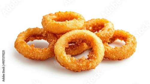 Crispy and golden fried onion rings isolated on a white background, top view, showcasing their crunchiness.