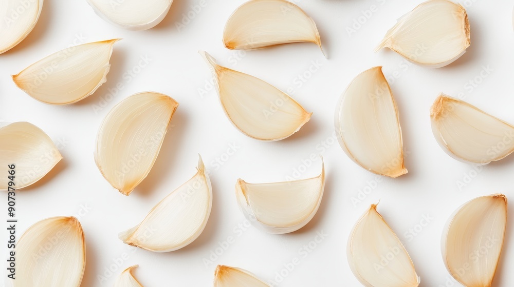 Sliced garlic cloves laid out in a fan pattern, highlighting the layers and fresh, juicy interior. Crisp and clear against a white backdrop Sliced garlic cloves laid out in a fan pattern, highlighting the layers and fresh, juicy interior. Crisp and clear against a white backdrop