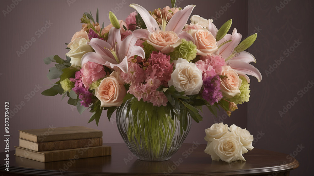 Obraz premium an elegant floral arrangement with pastel roses, peonies, and lilies