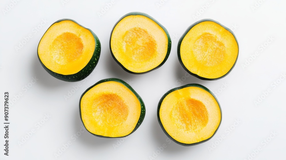 Slices of acorn squash neatly arranged in a circle, highlighting the contrast between the outer skin and inner flesh. Set against a white backdrop Slices of acorn squash neatly arranged in a circle, highlighting the contrast between the outer skin and inner flesh. Set against a white backdrop