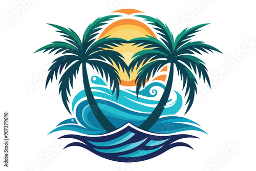 Palm Trees, Waves, and Sunset Illustration