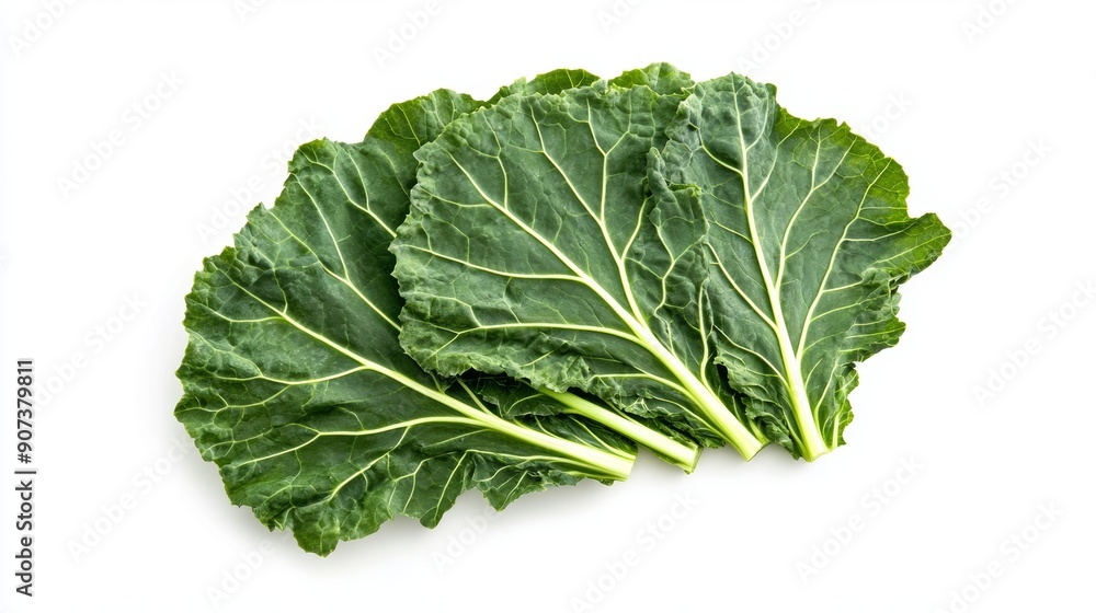 Slices of collard greens arranged in a fan-like pattern, showcasing the leafy structure and subtle color gradients. Clean white background Slices of collard greens arranged in a fan-like pattern, showcasing the leafy structure and subtle color gradients. Clean white background