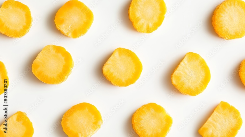 Sweet corn rounds, each slice showing the uniform rows of kernels. The bright yellow contrasted against a simple white background Sweet corn rounds, each slice showing the uniform rows of kernels. The bright yellow contrasted against a simple white background