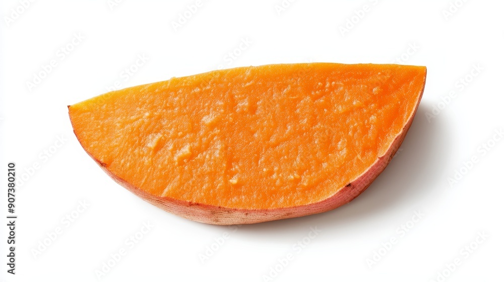 Sweet potato cut lengthwise, displaying the full view of its starchy, orange interior. The texture detail stands out on a white background Sweet potato cut lengthwise, displaying the full view of its starchy, orange interior. The texture detail stands out on a white background