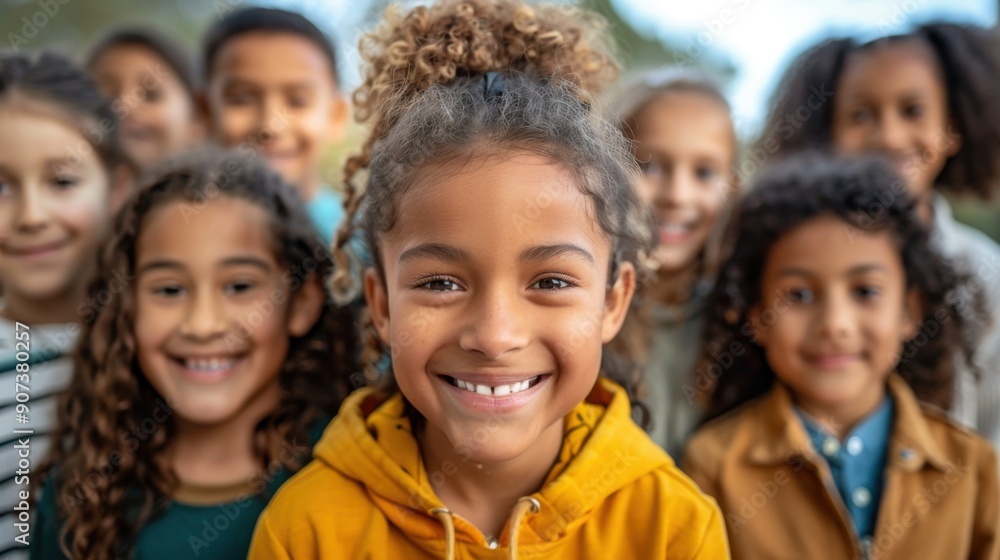 Cheerful Multicultural Children Playing in Schoolyard with a focus on a smiling Girl Cheerful Multicultural Children Playing in Schoolyard with a focus on a smiling Girl