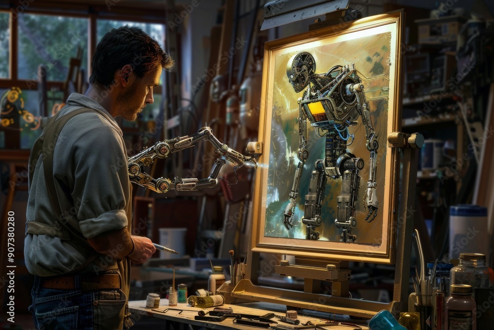 A man creating a skull painting, A human creating art with a robot, AI generated A man creating a skull painting, A human creating art with a robot, AI generated