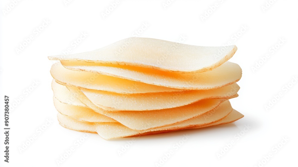 Thin, perfectly sliced pieces of rutabaga, neatly fanned out to display the uniform texture and subtle color variations. White background for clarity Thin, perfectly sliced pieces of rutabaga, neatly fanned out to display the uniform texture and subtle color variations. White background for clarity