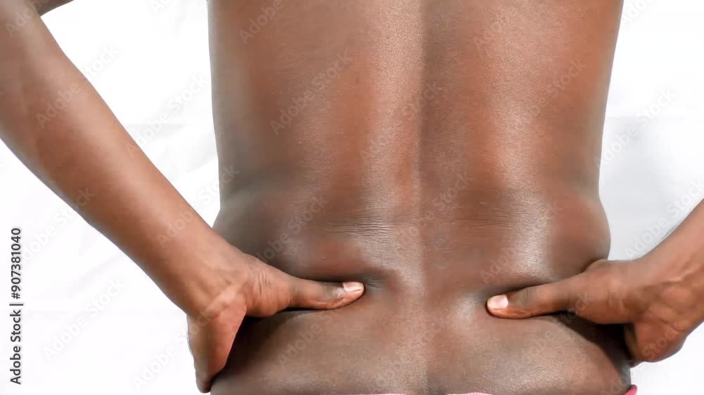 man with lower back pain severe backache, touching back trying to ease pain in spine, isolated on white background, backpain health and wellness, black man nude, medical articles .Rear view shot man with lower back pain severe backache, touching back trying to ease pain in spine, isolated on white background, backpain health and wellness, black man nude, medical articles .Rear view shot