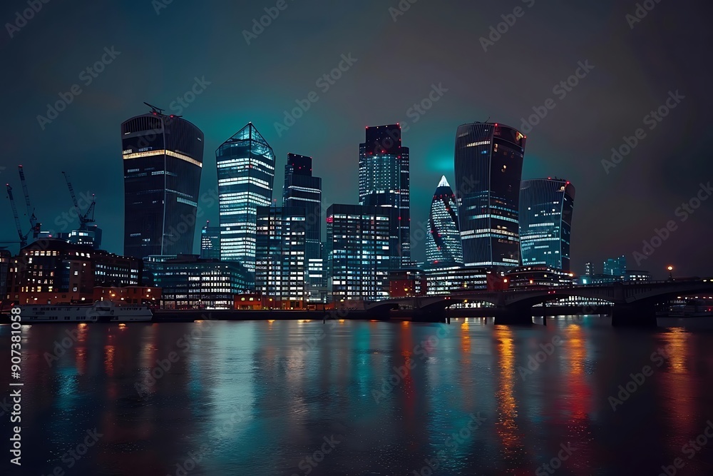 Obraz premium Aerial drone night shot from iconic Canary Wharf illuminated skyscrapers business and financial area, Docklands, Isle of Dogs, London, United Kingdom