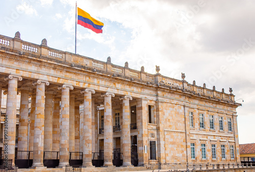 Neoclassical Architecture with Colombian Flag in Central Bogotá