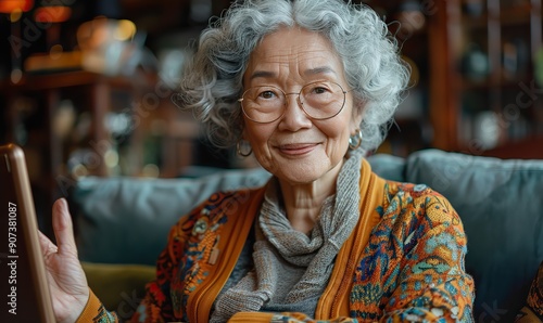 An older mature woman is waving and holding a digital tablet, engaging in a video conference call, reflecting a virtual family connection and social distancing. photo