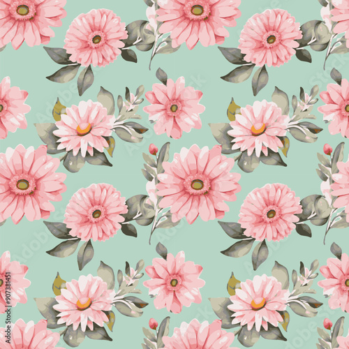 Seamless pattern with watercolor pink gerbera flowers.