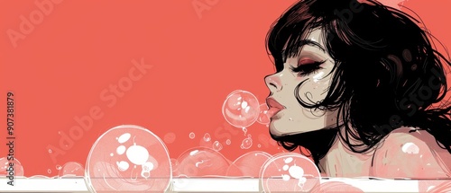 Artistic illustration of a woman blowing bubbles, with a vivid red background, showcasing modern pop art style elegance.