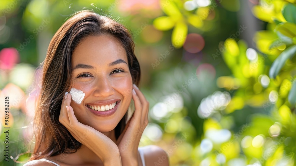 Smiling woman applying moisturizer to her face with a natural green background, promoting skincare and self-care. Smiling woman applying moisturizer to her face with a natural green background, promoting skincare and self-care.