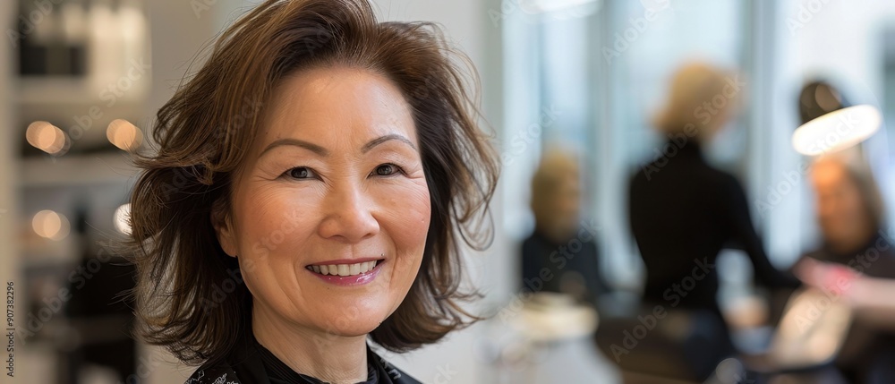 Smiling woman with short hair in modern office setting, focusing on professional and positive ambiance. Smiling woman with short hair in modern office setting, focusing on professional and positive ambiance.