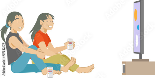 ビールを飲みながらテレビを鑑賞する女性達のイラスト
