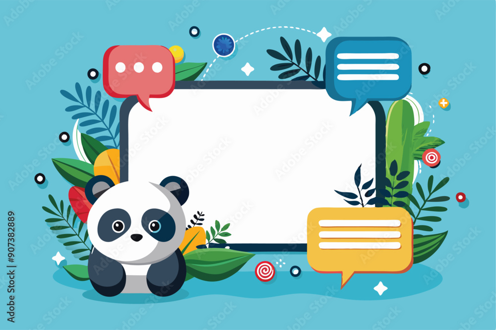 Fototapeta premium Panda with blank speech bubble surrounded by foliage and colorful objects