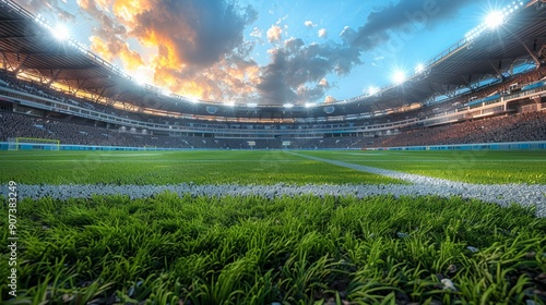 Spectacular Sunset Over Empty Football Stadium During Late Afternoon at Major Sporting Event. Generative AI