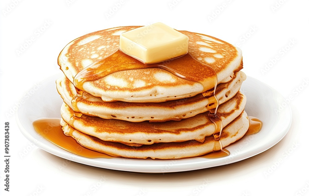 Stack of fluffy pancakes with butter and drizzled maple syrup Stack of fluffy pancakes with butter and drizzled maple syrup