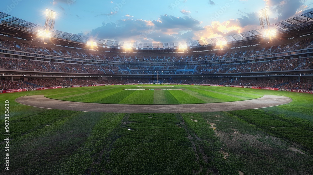 Fototapeta premium Vibrant Evening at a Stadium With Spectacular Lighting and Energetic Crowd Gathered for a Major Cricket Match. Generative AI