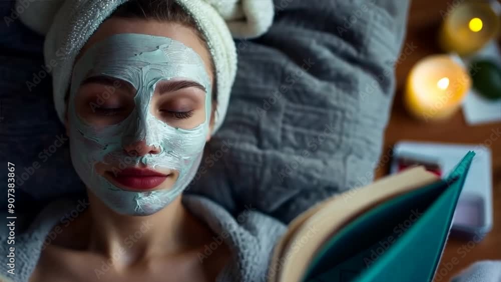 Experience the epitome of self-indulgence as a young woman treats herself to a face beauty mask and a relaxing read at home Experience the epitome of self-indulgence as a young woman treats herself to a face beauty mask and a relaxing read at home
