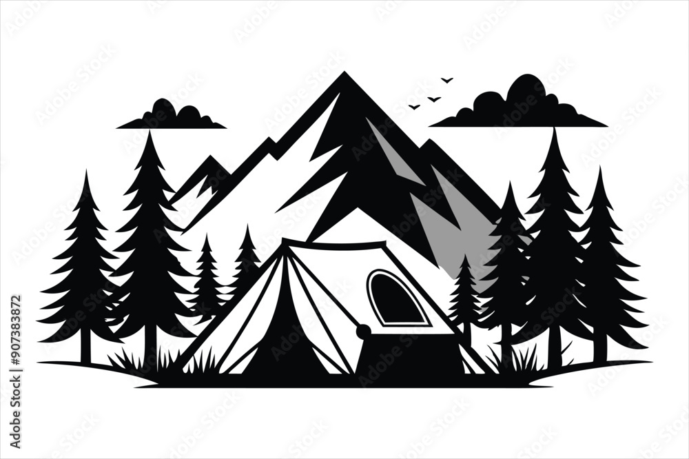 Fototapeta premium Tent in Forest black vector