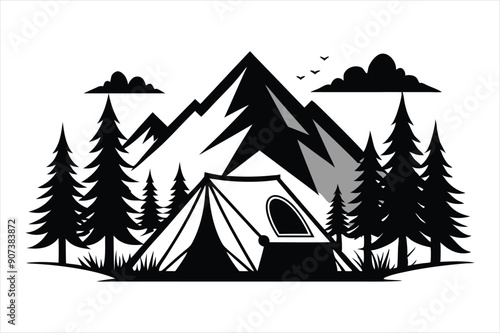 Tent in Forest black vector