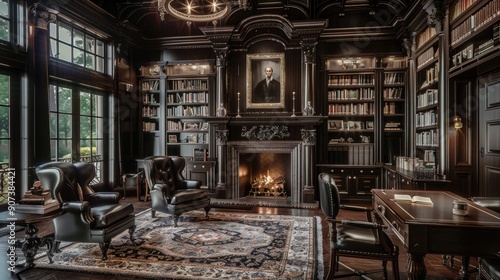 Wallpaper Mural A home library with a classic English manor style, featuring dark wood paneling, leather chairs, and a grand fireplace. Torontodigital.ca