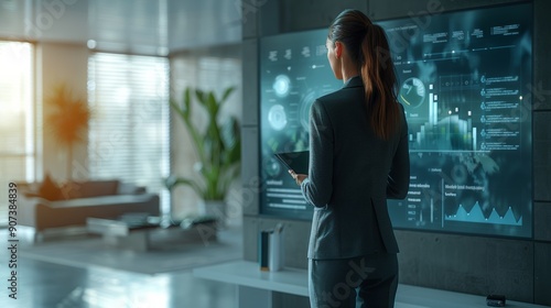 Professional Businesswoman Analyzing Data on a Large Screen in a Modern Office Setting. Generative AI Free Download Professional Businesswoman Analyzing Data on a Large Screen in a Modern Office Setting. Generative AI - GFXLoad
