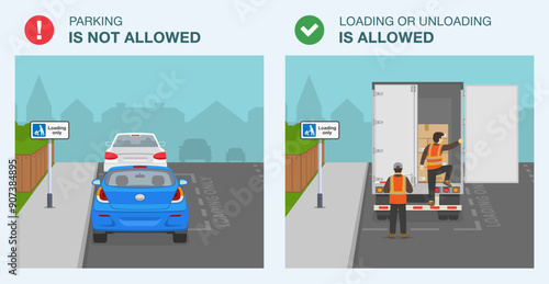 Safe driving tips and traffic regulation rules. Legal and illegal parking. Back view of a cars parked at "loading only" sign area. Stopping is not allowed. Flat vector illustration template.