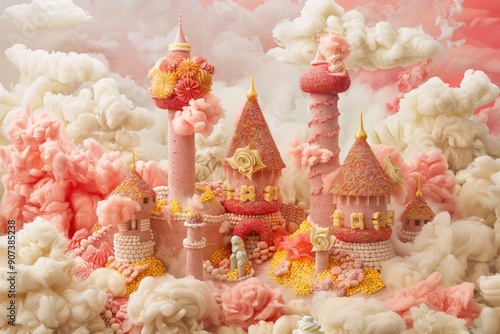 Dreamy castle in the clouds with pink clouds floating around, evoking a sense of fantasy and wonder, A fantastical world of birthday cake castles and candy clouds, AI generated