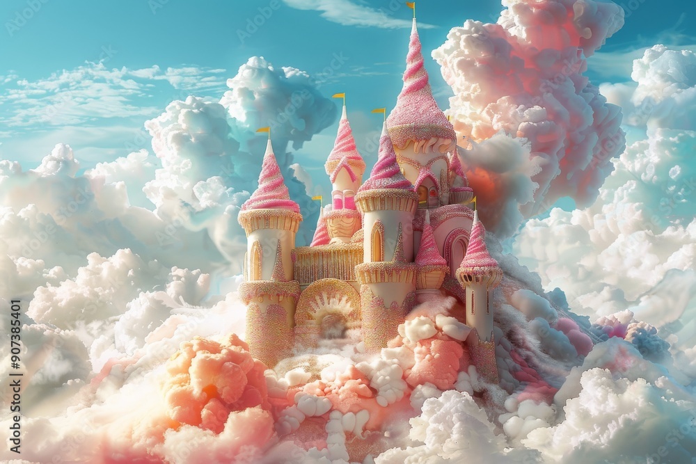 Dreamy castle in the clouds with pink clouds floating around, evoking a ...