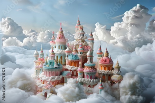 A castle in the clouds surrounded by pink clouds, creating a dreamy and whimsical atmosphere, A fantastical world of birthday cake castles and candy clouds, AI generated