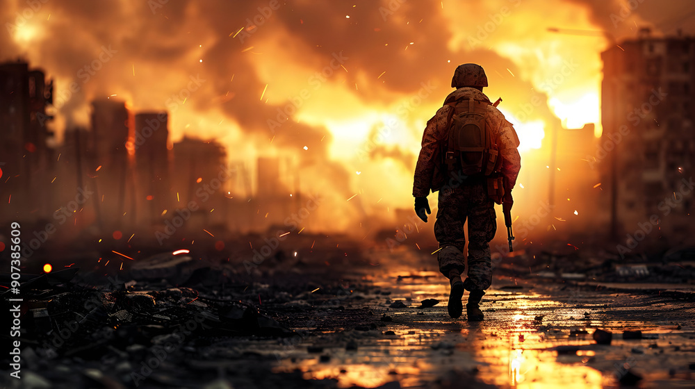 Soldier Walking Through War-Torn City Soldier Walking Through War-Torn City