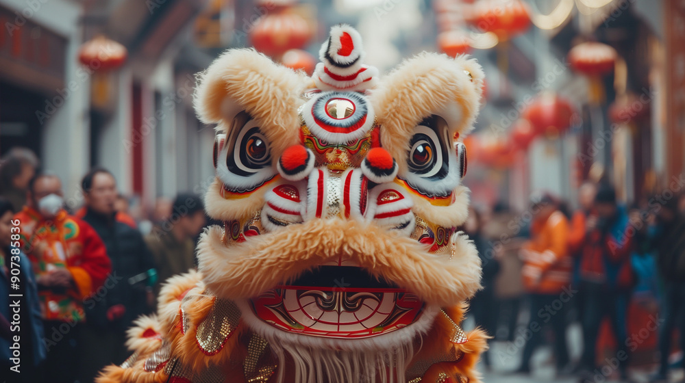 Lion dance performance on the street, red and gold lion dance with intricate details, enthusiastic spectators along the street, Ai generated Images Lion dance performance on the street, red and gold lion dance with intricate details, enthusiastic spectators along the street, Ai generated Images
